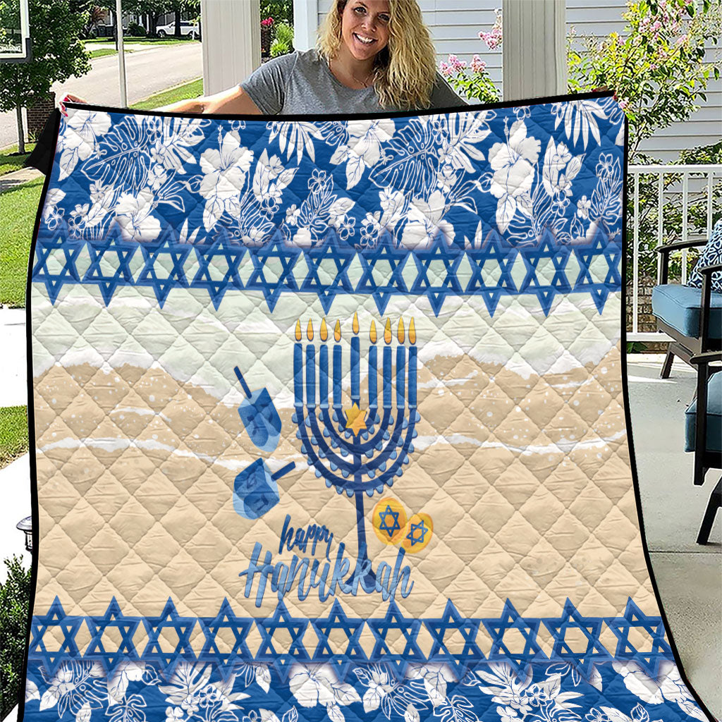 Chanukah Jewish Hawaii Quilt Festival of Lights Hanukkah Menorah Tropical Flowers LT14 Blue - Polynesian Pride