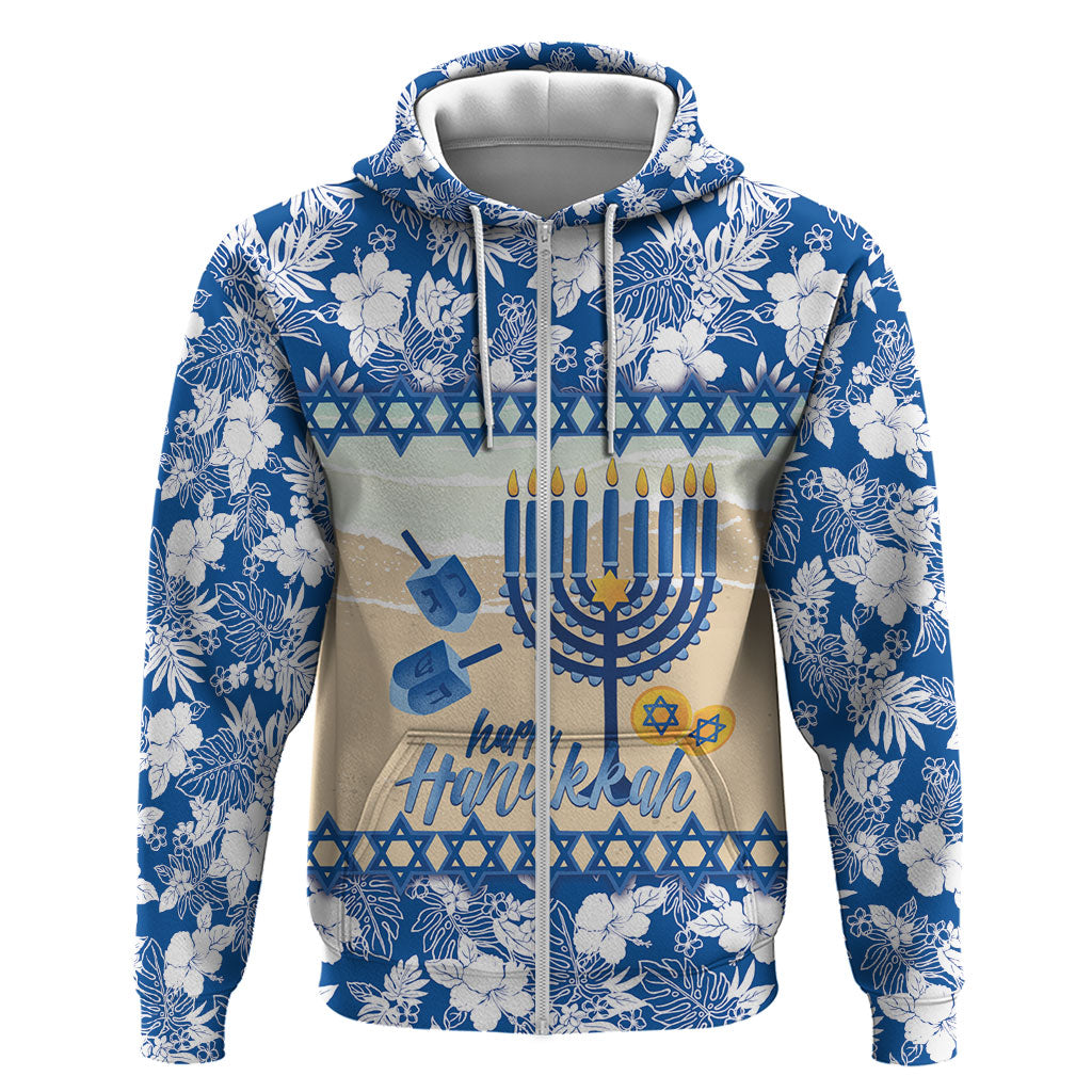Chanukah Jewish Hawaii Zip Hoodie Festival of Lights Hanukkah Menorah Tropical Flowers LT14 Zip Hoodie Blue - Polynesian Pride
