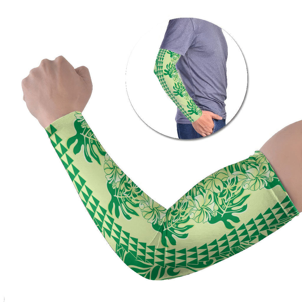 Lime Green Hibiscus Monstera Seamless Kakau Hawaii Arm Sleeves LT14 Set of 2 Lime Green - Polynesian Pride