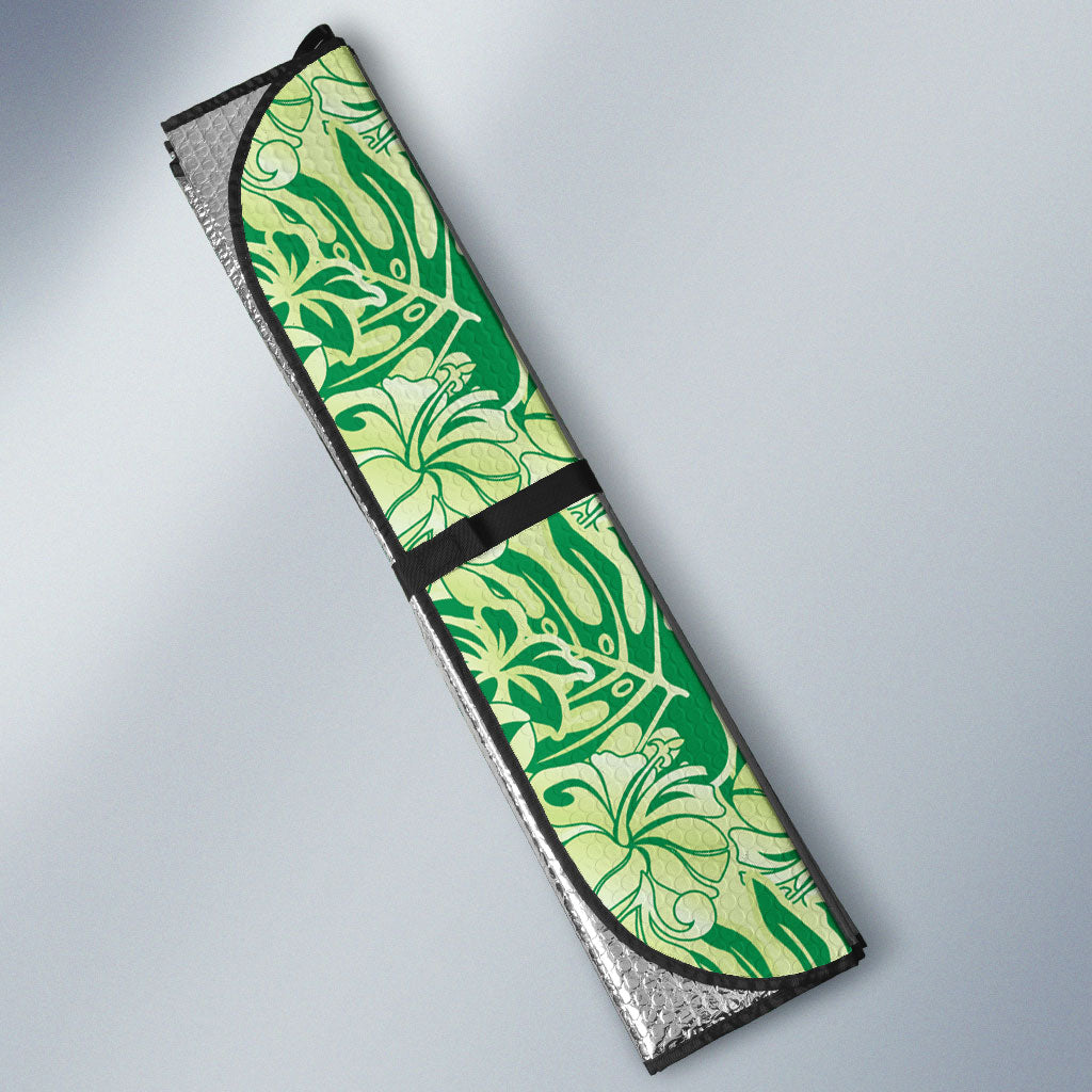 Lime Green Hibiscus Monstera Seamless Kakau Hawaii Auto Sun Shade LT14 - Polynesian Pride