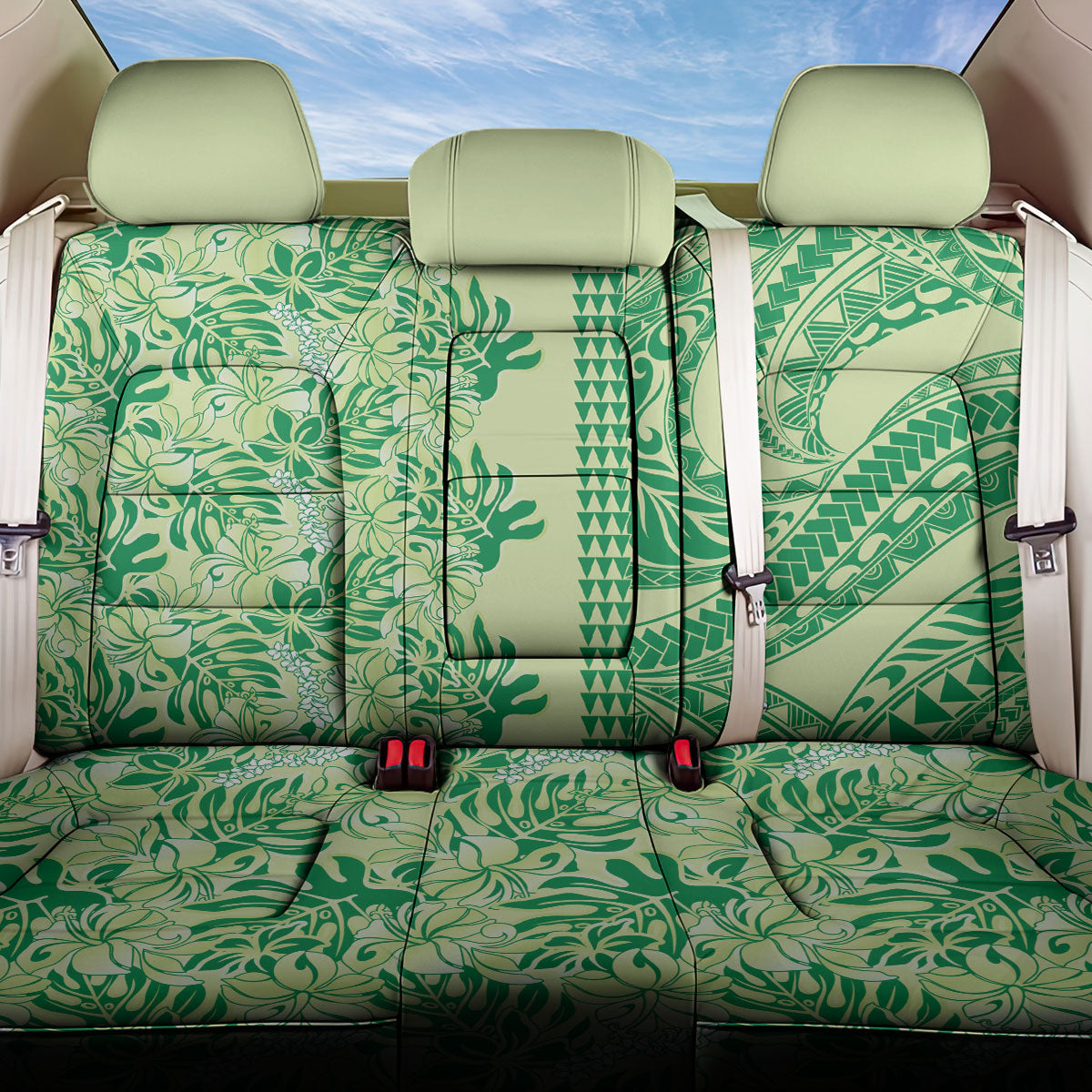 Lime Green Hibiscus Monstera Seamless Kakau Hawaii Back Car Seat Cover