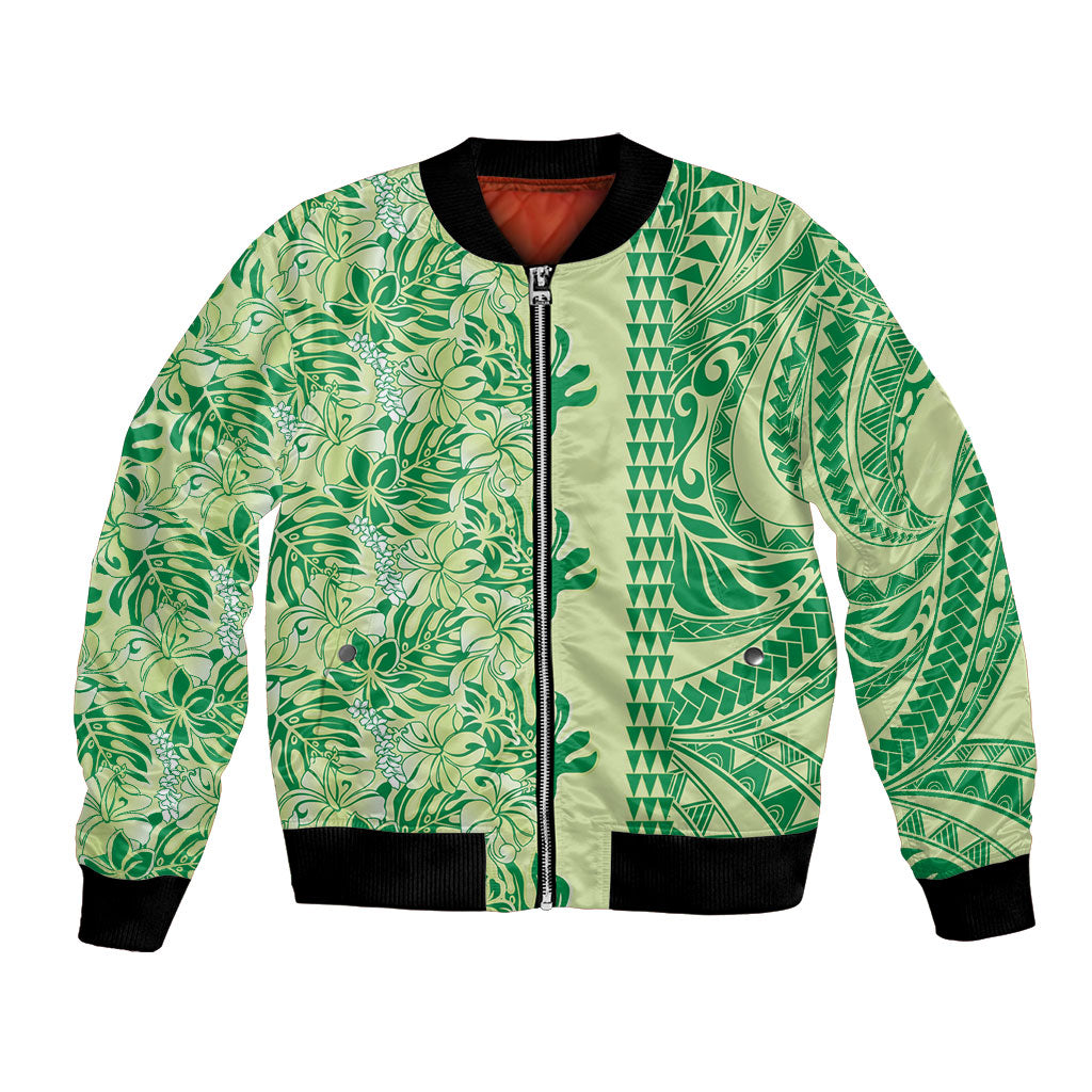 Lime Green Hibiscus Monstera Seamless Kakau Hawaii Bomber Jacket LT14 Unisex Lime Green - Polynesian Pride