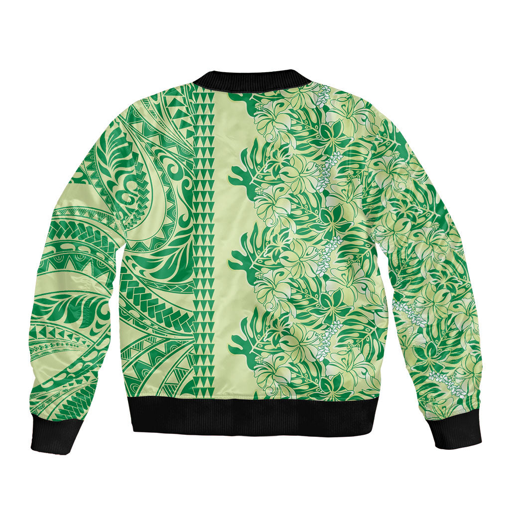Lime Green Hibiscus Monstera Seamless Kakau Hawaii Bomber Jacket LT14 - Polynesian Pride