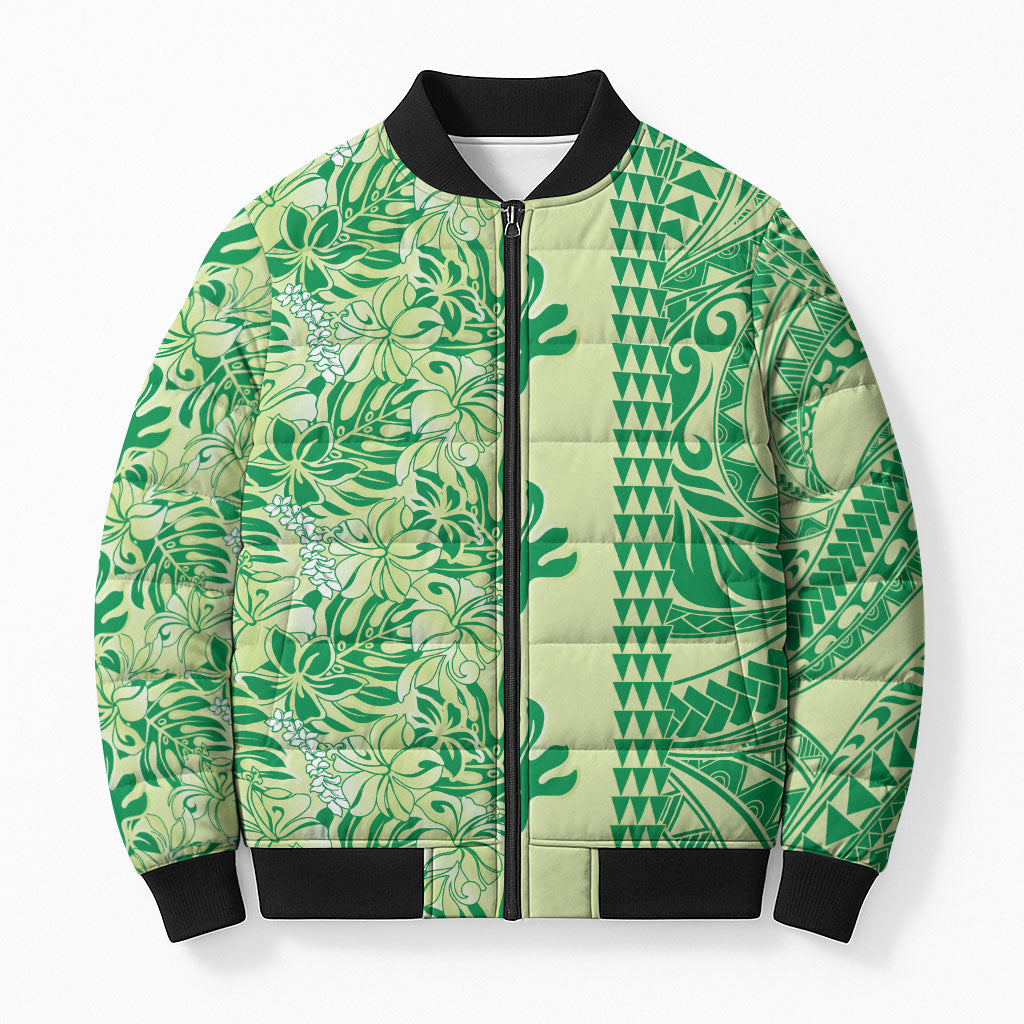 Lime Green Hibiscus Monstera Seamless Kakau Hawaii Bomber Puffer Jacket LT14 Unisex Lime Green - Polynesian Pride