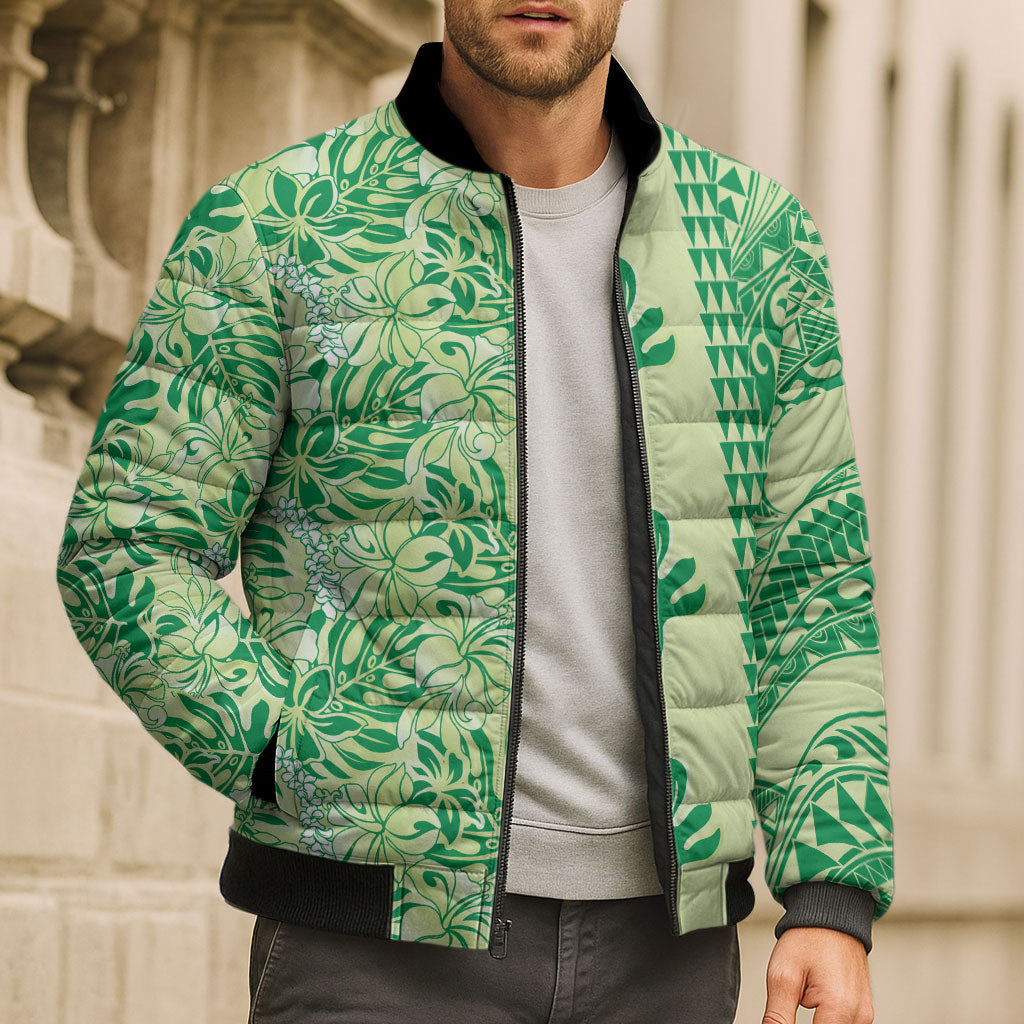 Lime Green Hibiscus Monstera Seamless Kakau Hawaii Bomber Puffer Jacket LT14 - Polynesian Pride