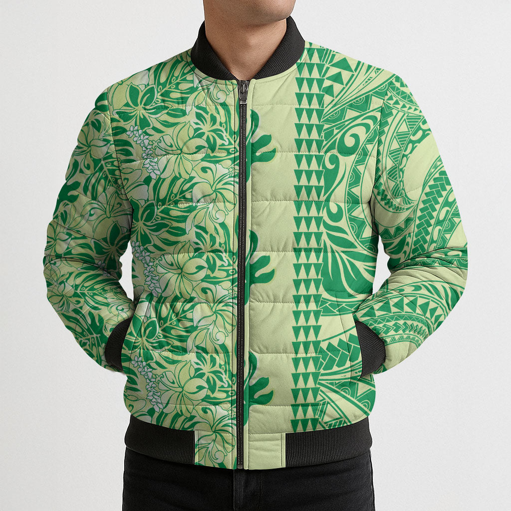 Lime Green Hibiscus Monstera Seamless Kakau Hawaii Bomber Puffer Jacket LT14 - Polynesian Pride