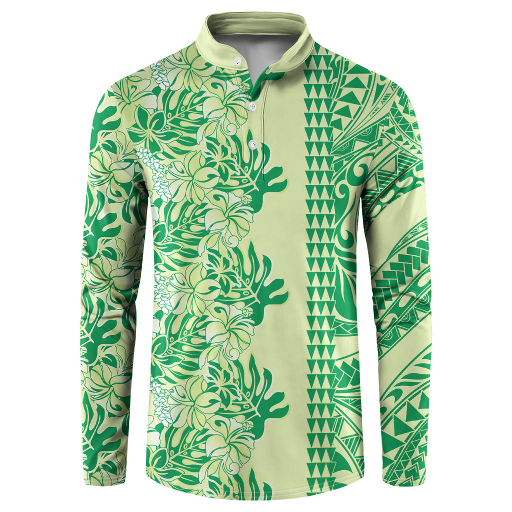 Lime Green Hibiscus Monstera Seamless Kakau Hawaii Button Sweatshirt LT14 Lime Green - Polynesian Pride
