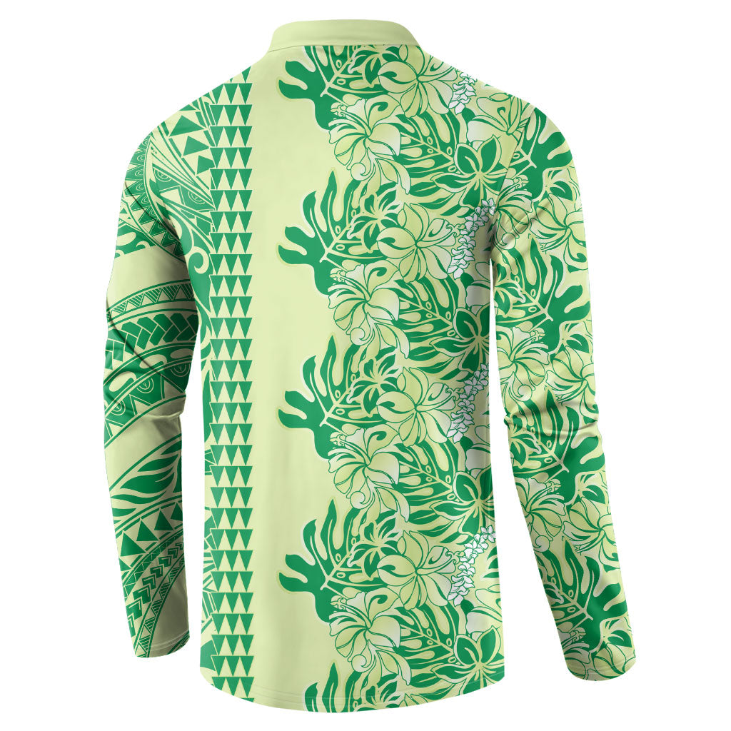 Lime Green Hibiscus Monstera Seamless Kakau Hawaii Button Sweatshirt LT14 - Polynesian Pride