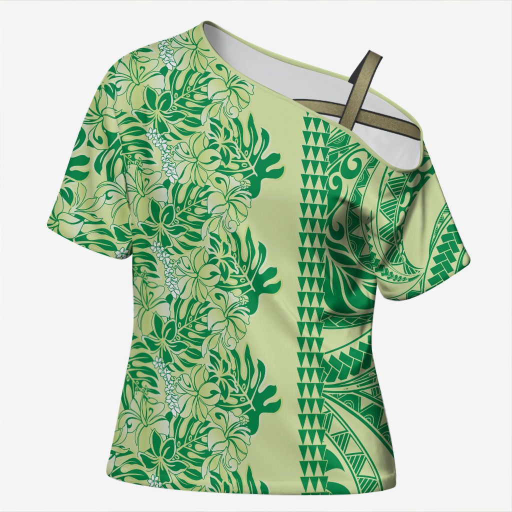 Lime Green Hibiscus Monstera Seamless Kakau Hawaii Cross Shoulder Shirt LT14 Female Lime Green - Polynesian Pride