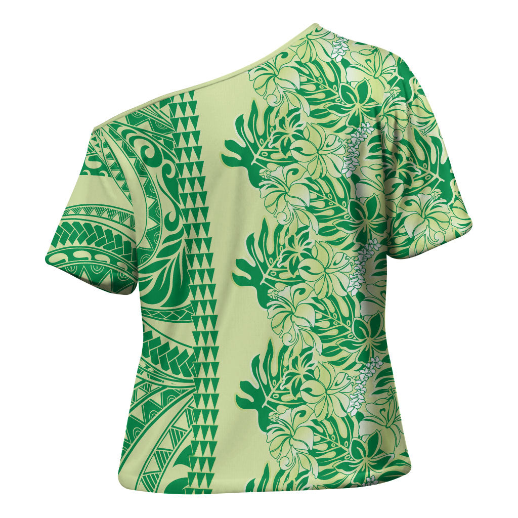 Lime Green Hibiscus Monstera Seamless Kakau Hawaii Cross Shoulder Shirt LT14 - Polynesian Pride