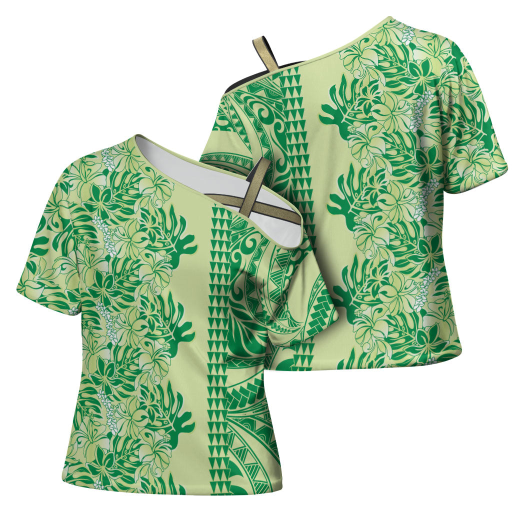 Lime Green Hibiscus Monstera Seamless Kakau Hawaii Cross Shoulder Shirt LT14 - Polynesian Pride