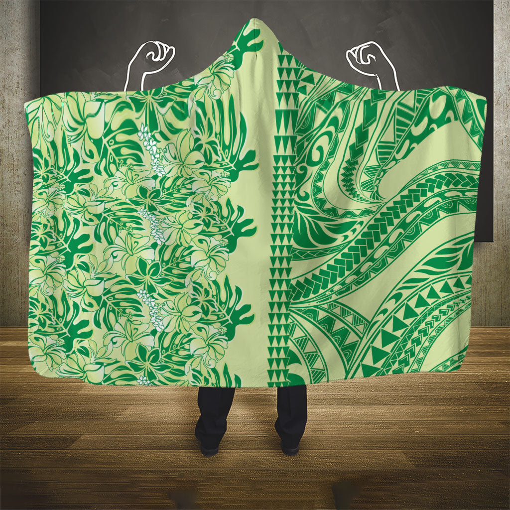 Lime Green Hibiscus Monstera Seamless Kakau Hawaii Hooded Blanket LT14 - Polynesian Pride