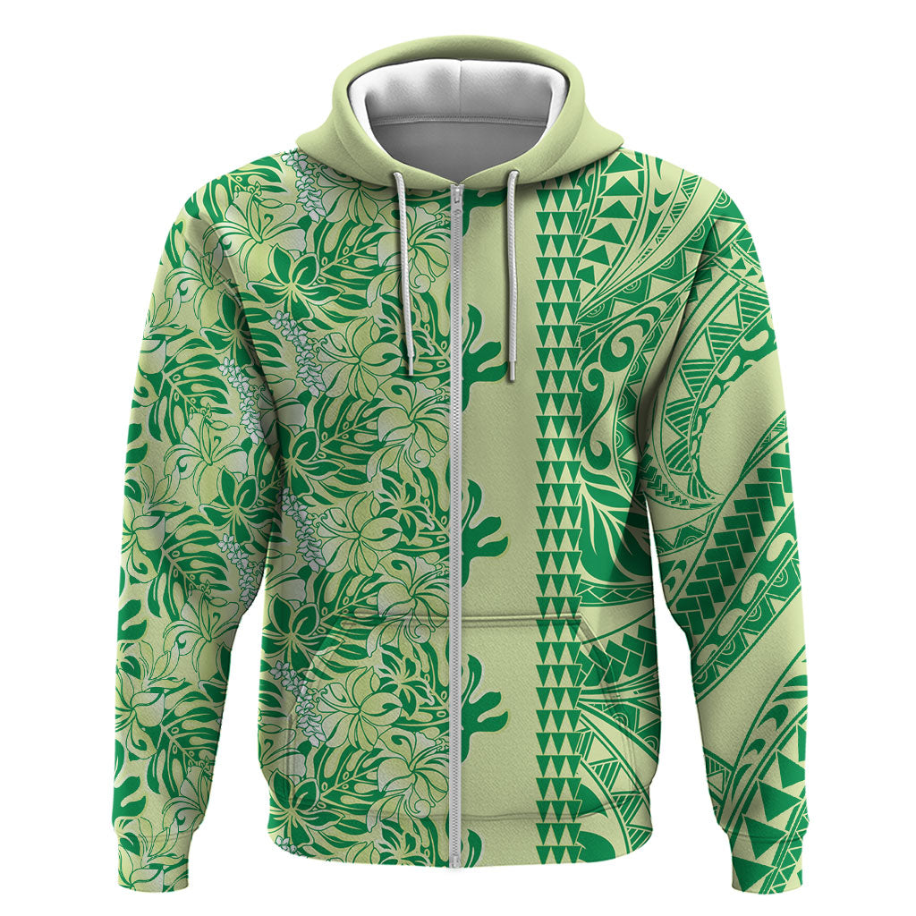 Lime Green Hibiscus Monstera Seamless Kakau Hawaii Hoodie LT14 Zip Hoodie Lime Green - Polynesian Pride