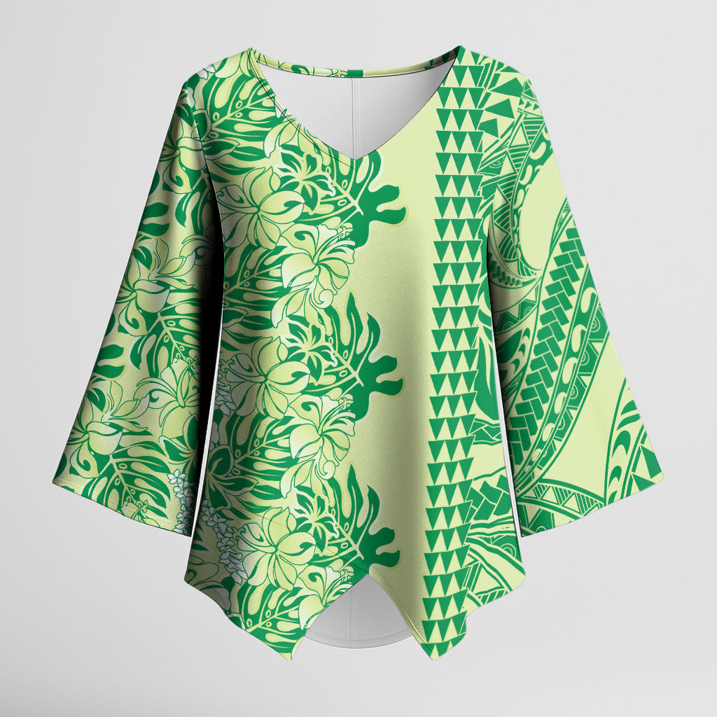Lime Green Hibiscus Monstera Seamless Kakau Hawaii Kimono Sleeve Blouse LT14 Female Lime Green - Polynesian Pride