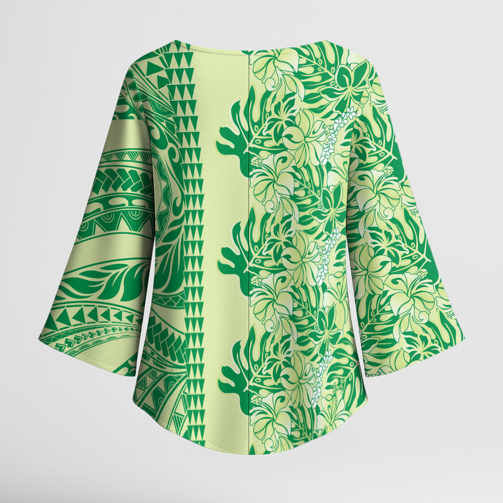Lime Green Hibiscus Monstera Seamless Kakau Hawaii Kimono Sleeve Blouse LT14 - Polynesian Pride