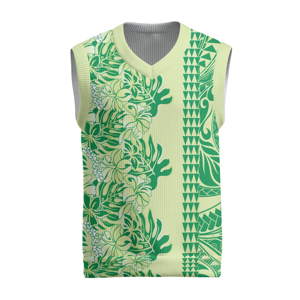 Lime Green Hibiscus Monstera Seamless Kakau Hawaii Christmas Knitted V-Neck Vest