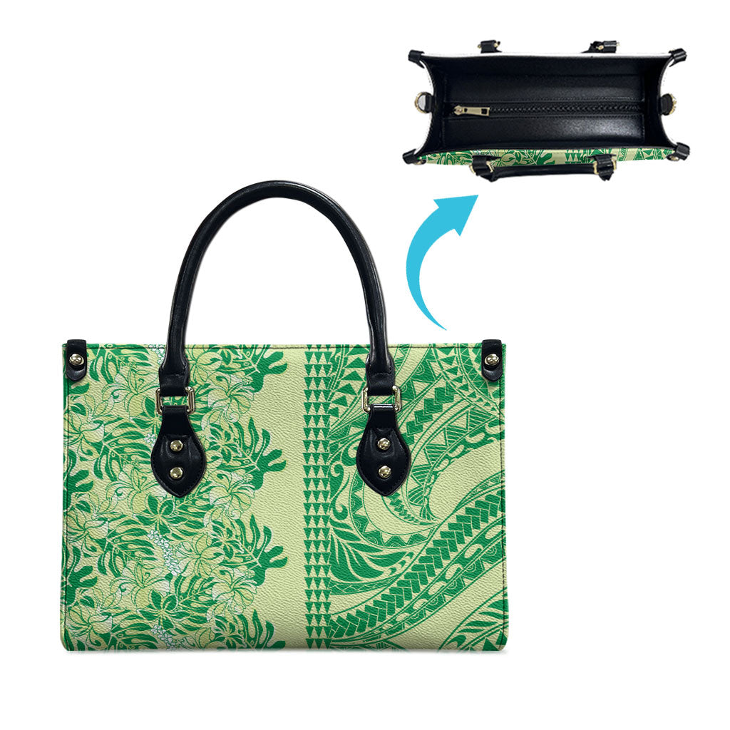 Lime Green Hibiscus Monstera Seamless Kakau Hawaii Leather Bag LT14 - Polynesian Pride