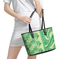 Lime Green Hibiscus Monstera Seamless Kakau Hawaii Leather Tote Bag LT14 - Polynesian Pride