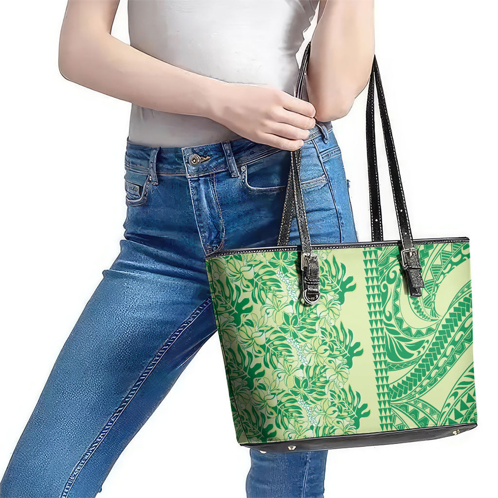 Lime Green Hibiscus Monstera Seamless Kakau Hawaii Leather Tote Bag LT14 - Polynesian Pride