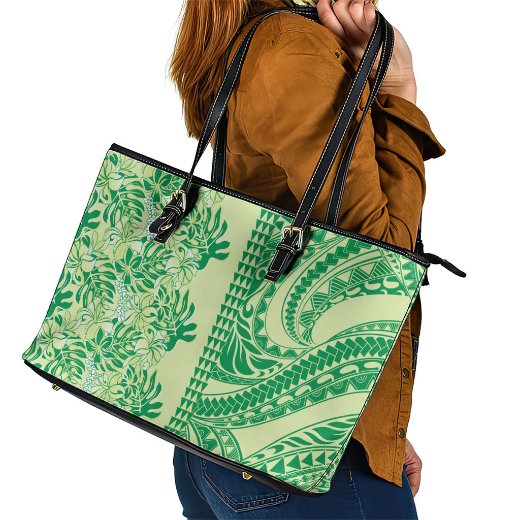 Lime Green Hibiscus Monstera Seamless Kakau Hawaii Leather Tote Bag LT14 - Polynesian Pride