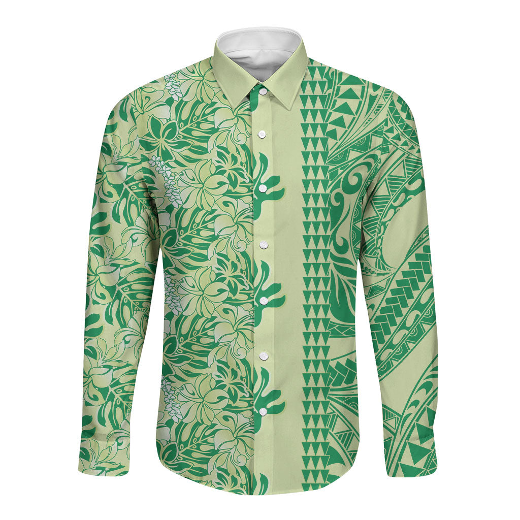 Lime Green Hibiscus Monstera Seamless Kakau Hawaii Long Sleeve Button Shirt LT14 Unisex Lime Green - Polynesian Pride