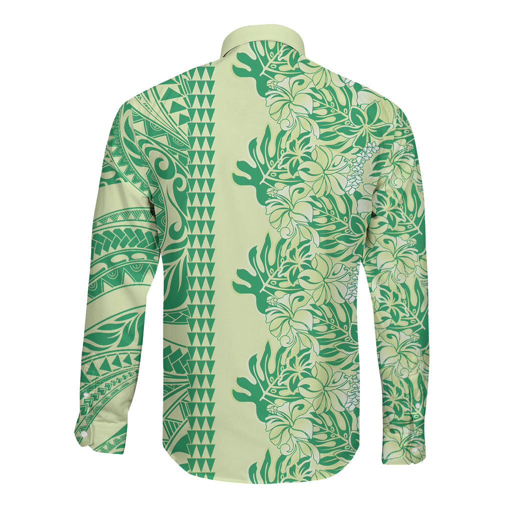 Lime Green Hibiscus Monstera Seamless Kakau Hawaii Long Sleeve Button Shirt LT14 - Polynesian Pride