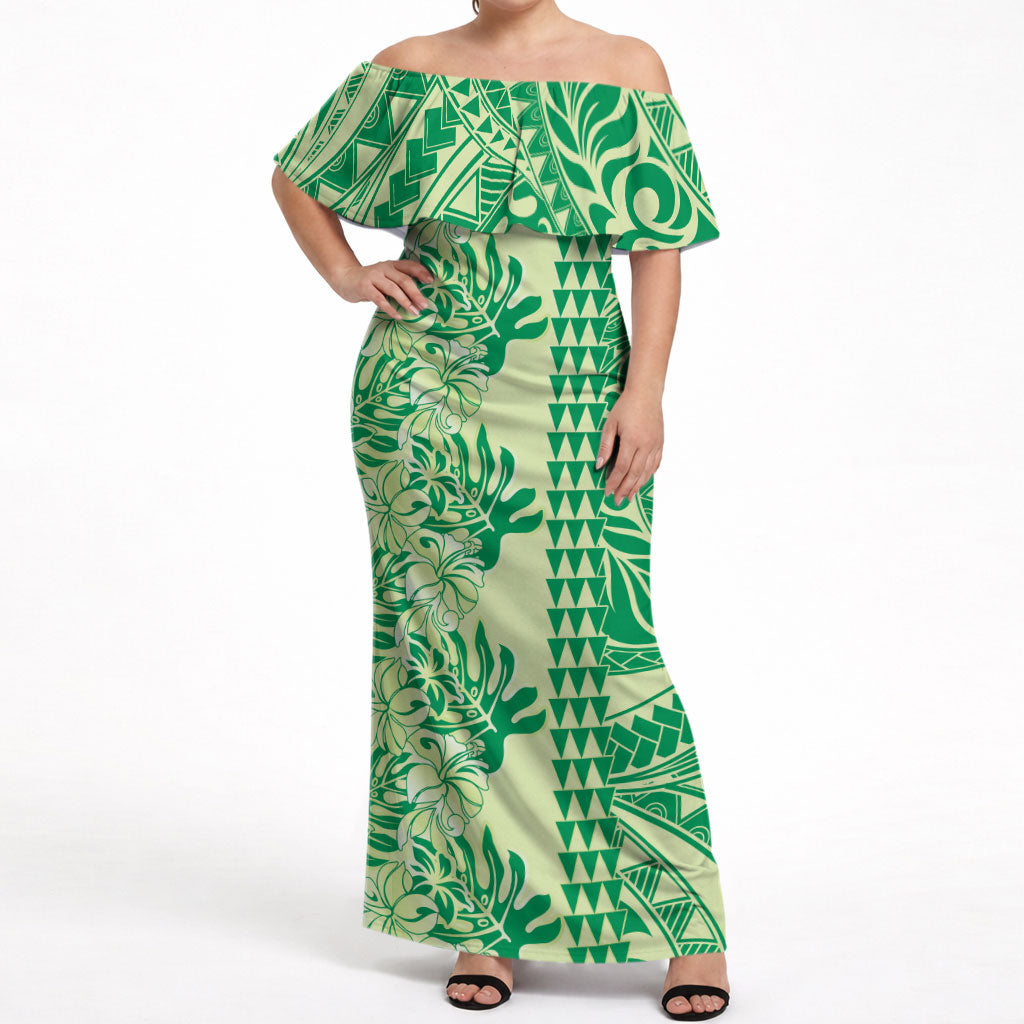 Lime Green Hibiscus Monstera Seamless Kakau Hawaii Off Shoulder Maxi Dress LT14 Women Lime Green - Polynesian Pride