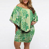 Lime Green Hibiscus Monstera Seamless Kakau Hawaii Off Shoulder Short Dress LT14 Women Lime Green - Polynesian Pride