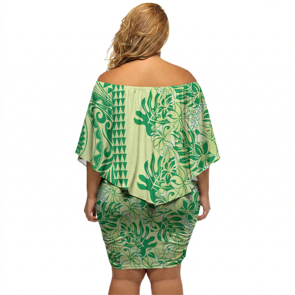 Lime Green Hibiscus Monstera Seamless Kakau Hawaii Off Shoulder Short Dress LT14 - Polynesian Pride
