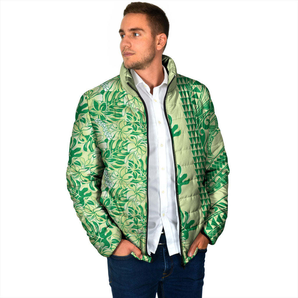 Lime Green Hibiscus Monstera Seamless Kakau Hawaii Padded Jacket LT14 - Polynesian Pride