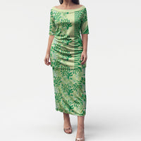 Lime Green Hibiscus Monstera Seamless Kakau Hawaii Puletasi LT14 Long Dress Lime Green - Polynesian Pride