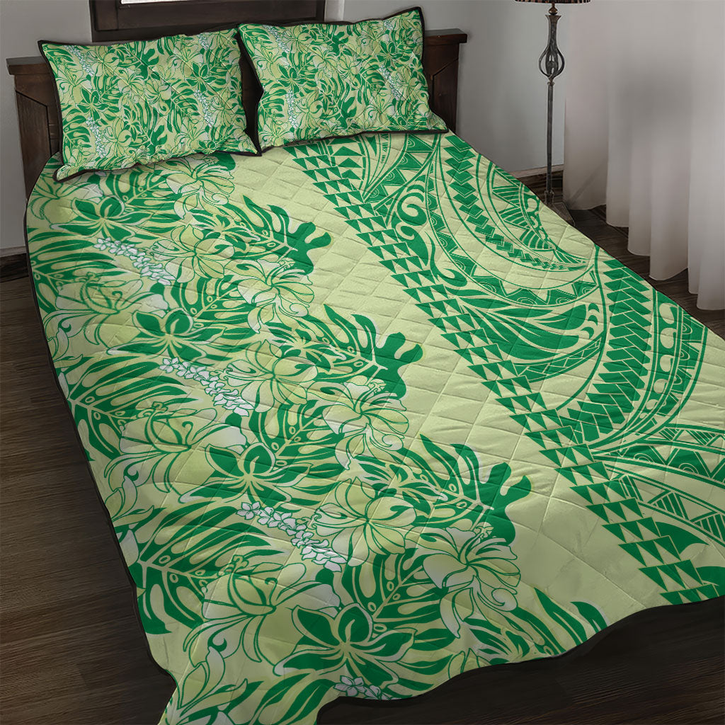 Lime Green Hibiscus Monstera Seamless Kakau Hawaii Quilt Bed Set LT14 Lime Green - Polynesian Pride