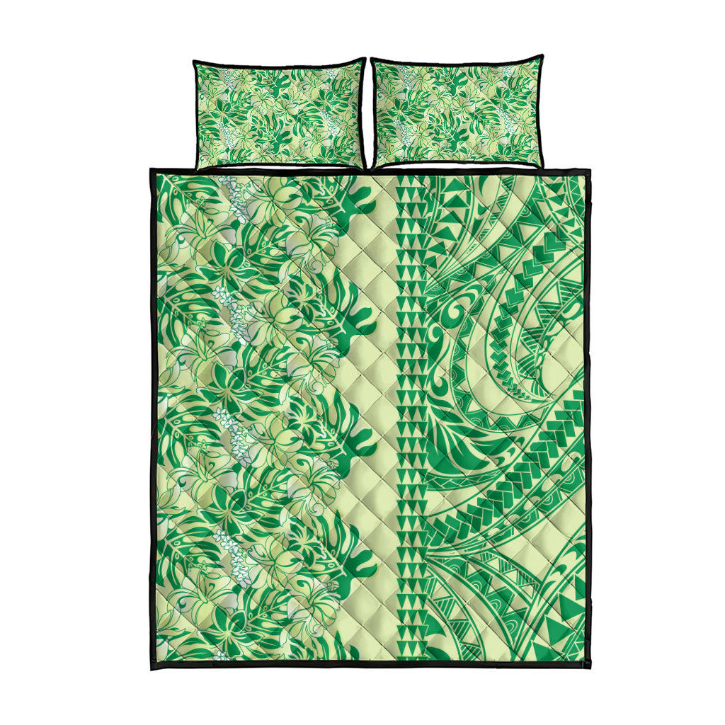 Lime Green Hibiscus Monstera Seamless Kakau Hawaii Quilt Bed Set LT14 - Polynesian Pride