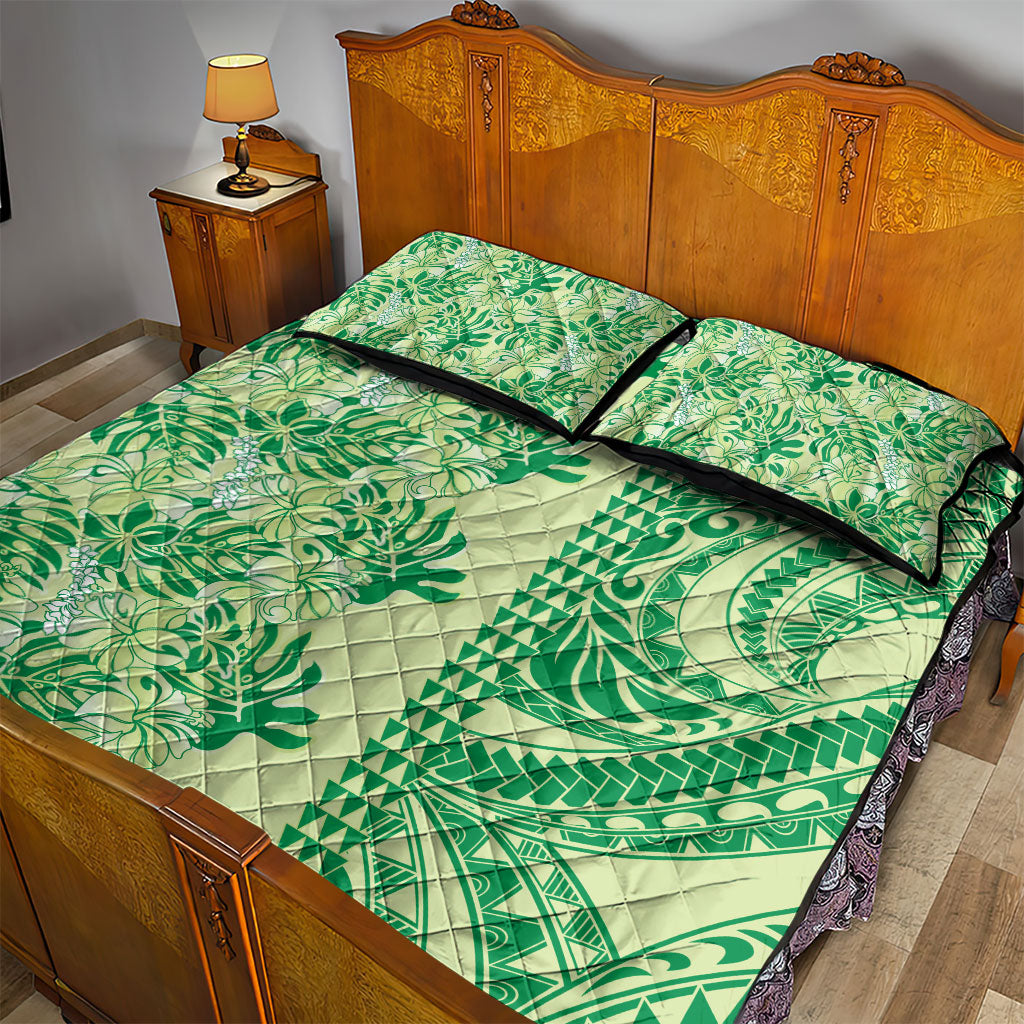 Lime Green Hibiscus Monstera Seamless Kakau Hawaii Quilt Bed Set LT14 - Polynesian Pride