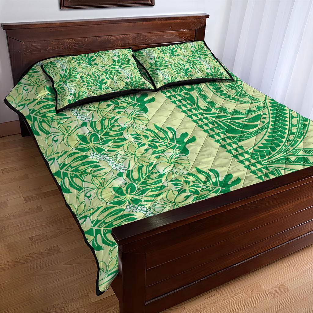 Lime Green Hibiscus Monstera Seamless Kakau Hawaii Quilt Bed Set LT14 - Polynesian Pride