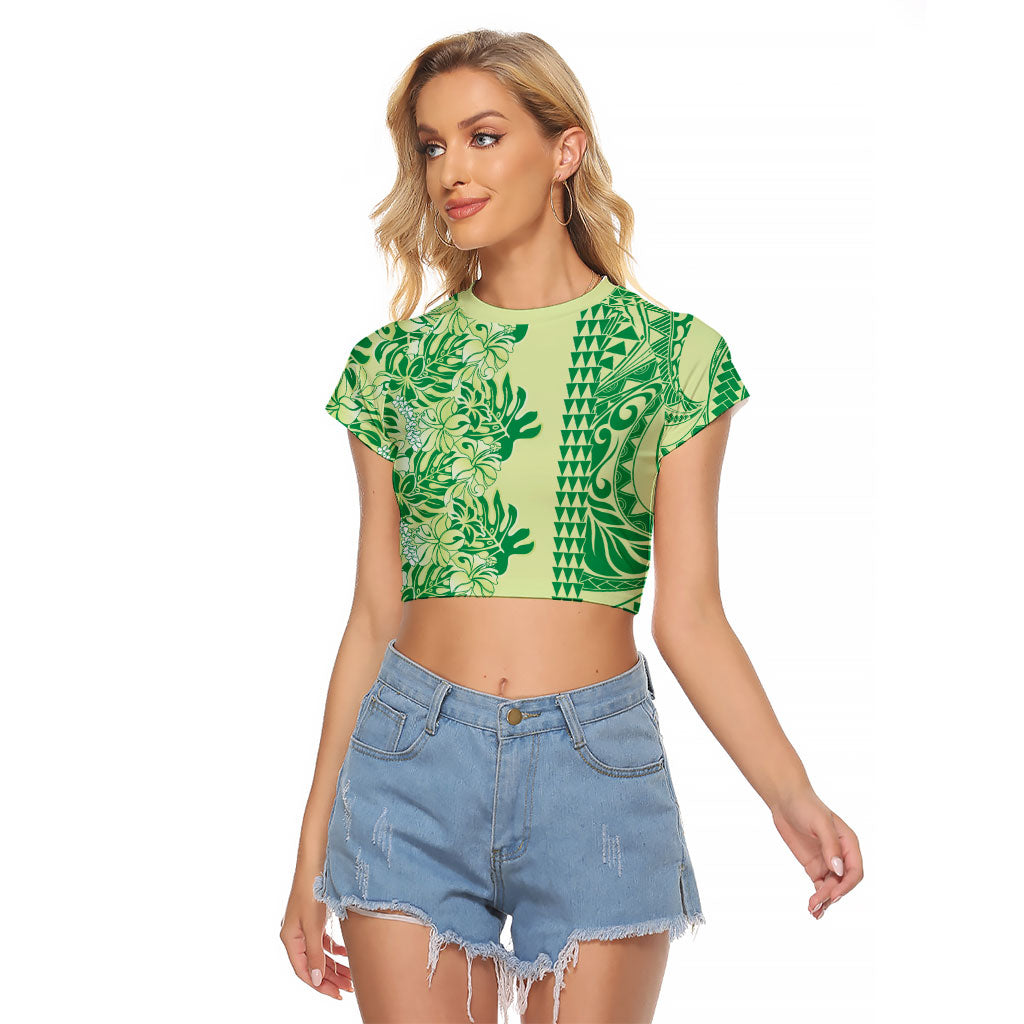 Lime Green Hibiscus Monstera Seamless Kakau Hawaii Raglan Cropped T Shirt