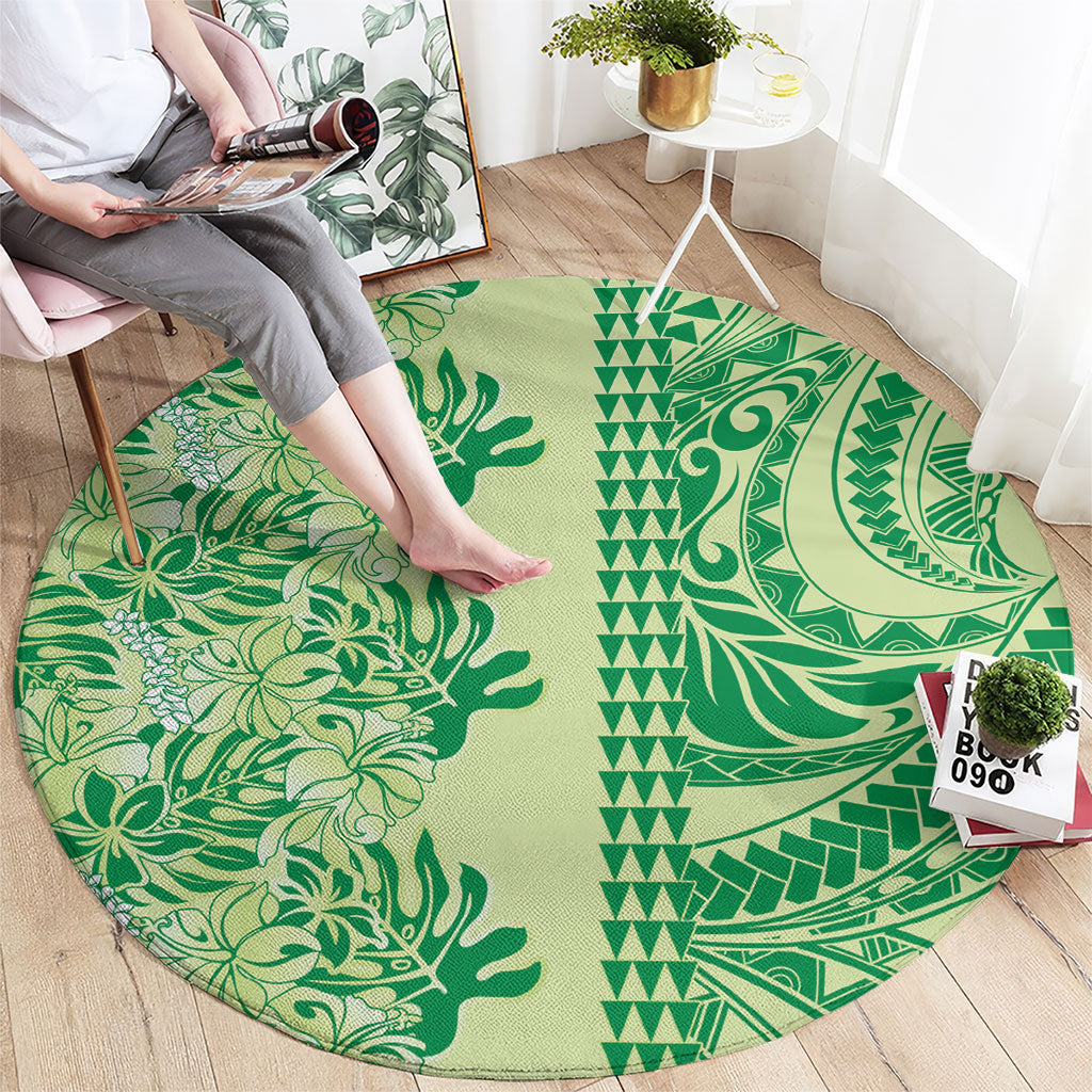 Lime Green Hibiscus Monstera Seamless Kakau Hawaii Round Carpet LT14 - Polynesian Pride