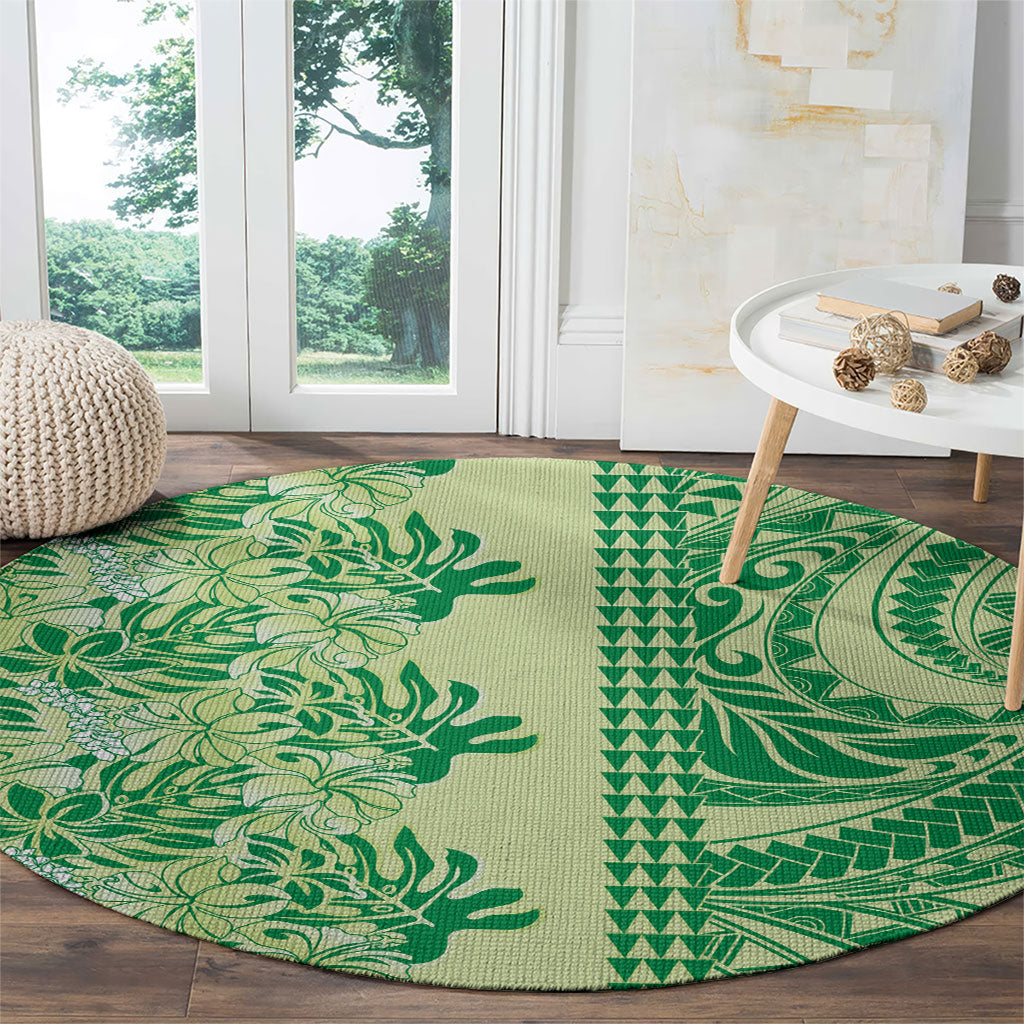 Lime Green Hibiscus Monstera Seamless Kakau Hawaii Round Carpet LT14 - Polynesian Pride