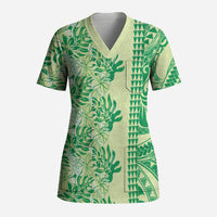 Lime Green Hibiscus Monstera Seamless Kakau Hawaii Scrub Top LT14 Adult Lime Green - Polynesian Pride