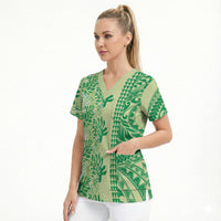 Lime Green Hibiscus Monstera Seamless Kakau Hawaii Scrub Top LT14 - Polynesian Pride