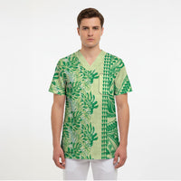 Lime Green Hibiscus Monstera Seamless Kakau Hawaii Scrub Top LT14 - Polynesian Pride