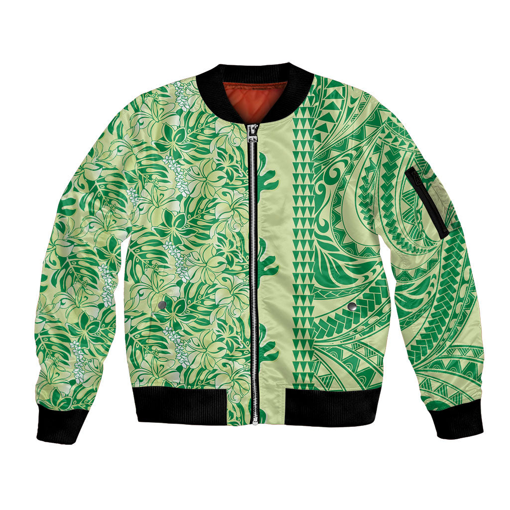 Lime Green Hibiscus Monstera Seamless Kakau Hawaii Sleeve Zip Bomber Jacket LT14 Unisex Lime Green - Polynesian Pride