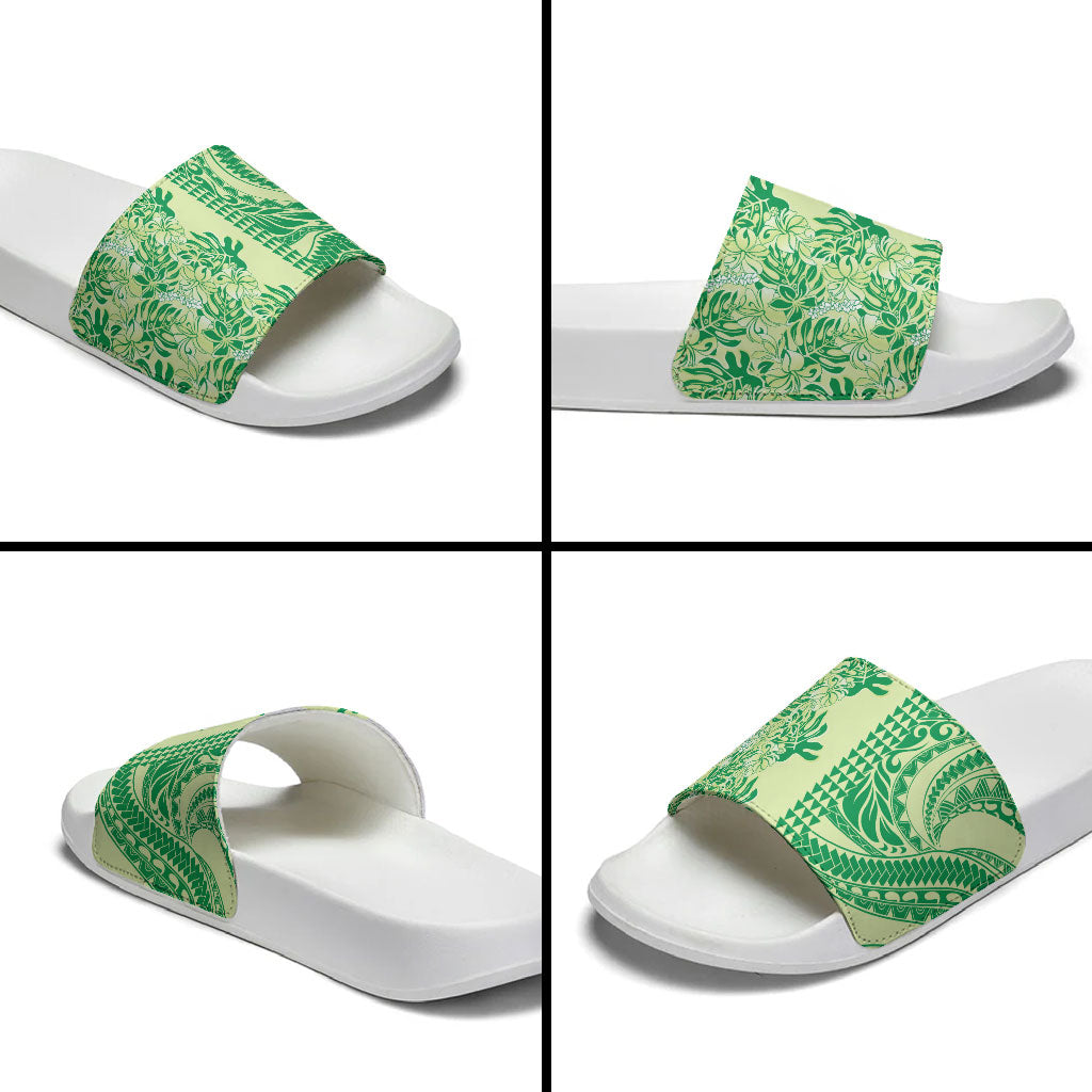 Lime Green Hibiscus Monstera Seamless Kakau Hawaii Slide Sandals LT14 - Polynesian Pride