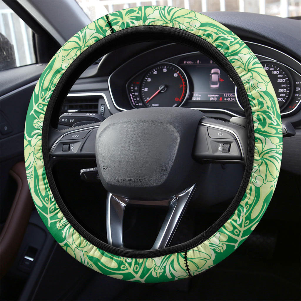 Lime Green Hibiscus Monstera Seamless Kakau Hawaii Steering Wheel Cover LT14 - Polynesian Pride