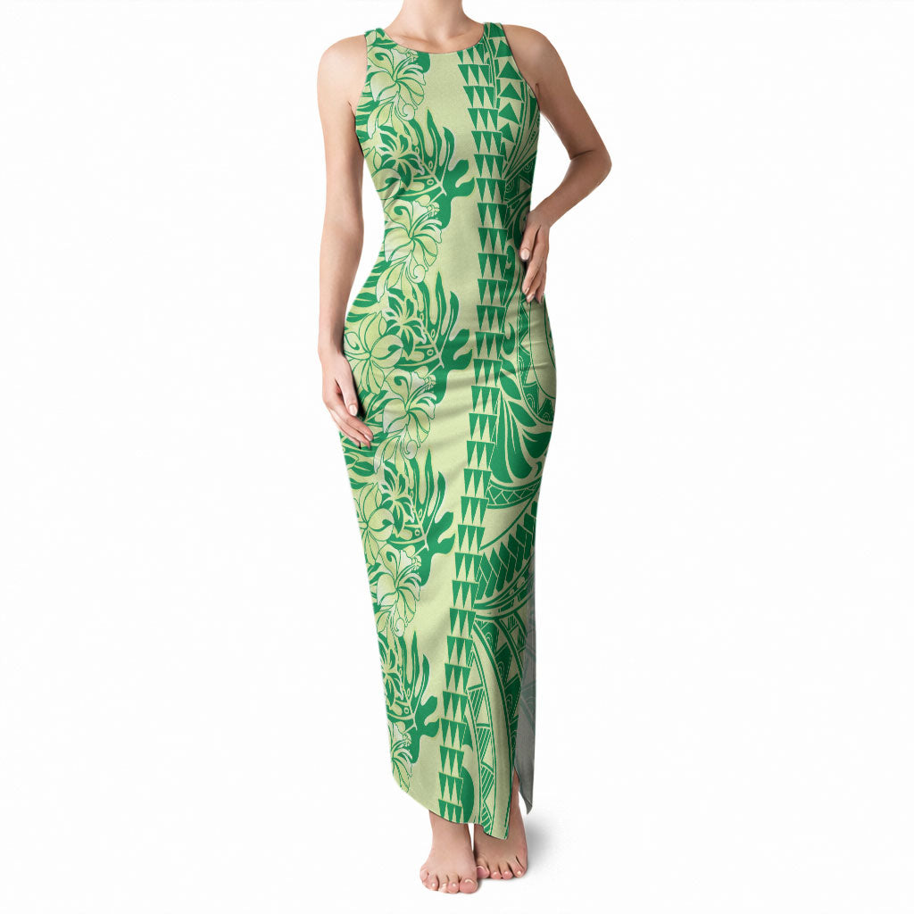 Lime Green Hibiscus Monstera Seamless Kakau Hawaii Tank Maxi Dress