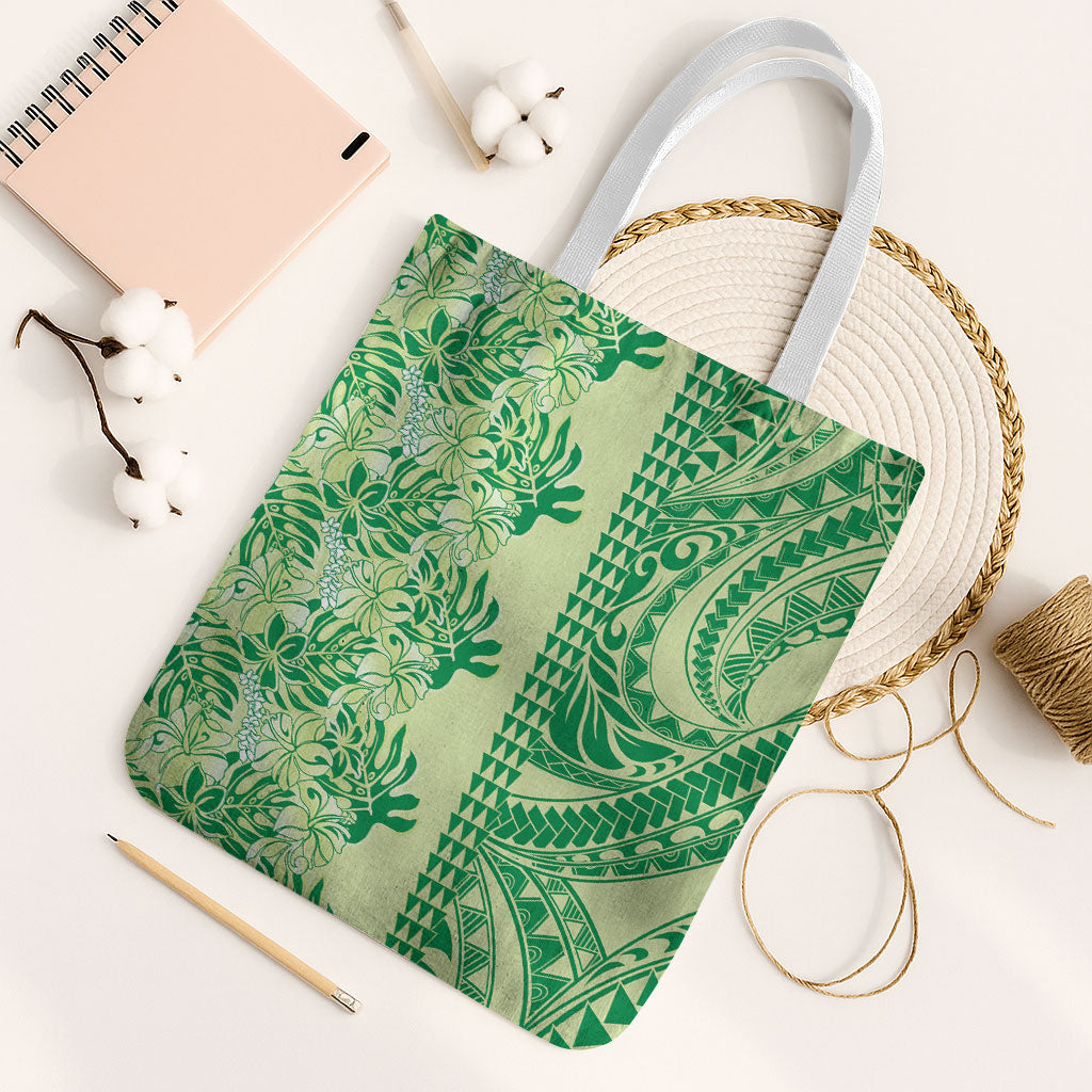 Lime Green Hibiscus Monstera Seamless Kakau Hawaii Tote Bag LT14 White Strap One Size Lime Green - Polynesian Pride