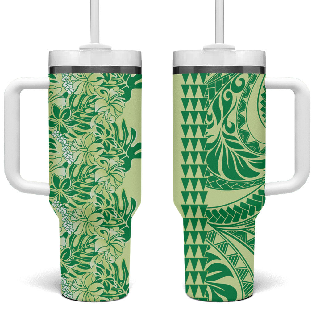 Lime Green Hibiscus Monstera Seamless Kakau Hawaii Tumbler With Handle LT14 One Size: 40 oz Lime Green - Polynesian Pride