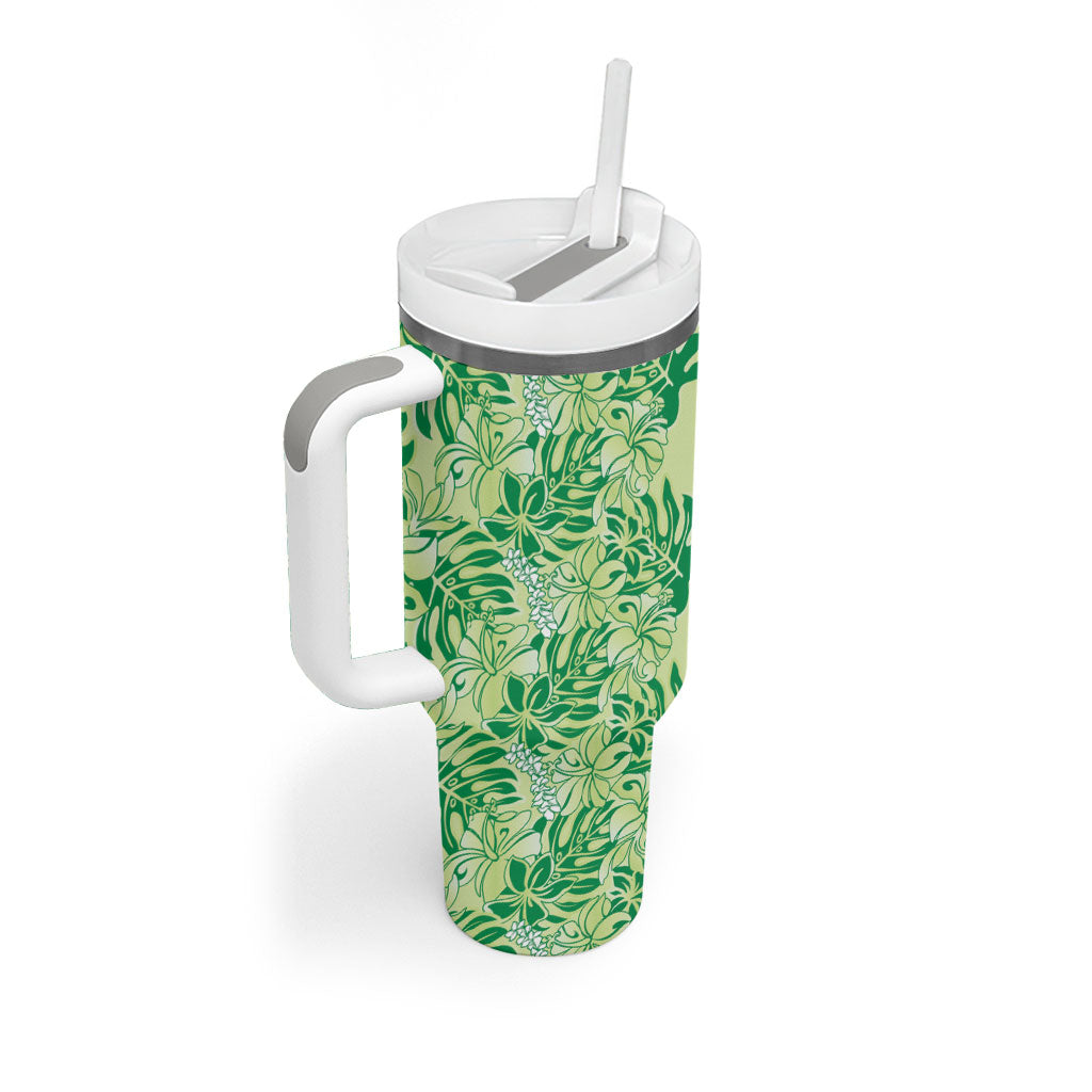 Lime Green Hibiscus Monstera Seamless Kakau Hawaii Tumbler With Handle LT14 - Polynesian Pride