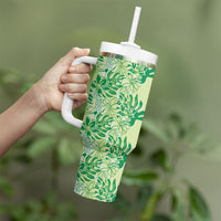Lime Green Hibiscus Monstera Seamless Kakau Hawaii Tumbler With Handle LT14 - Polynesian Pride