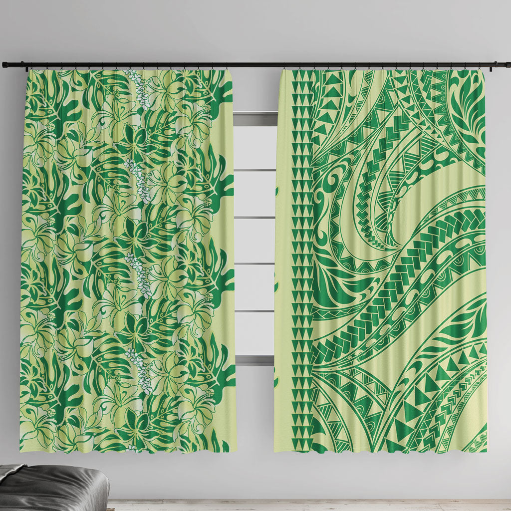 Lime Green Hibiscus Monstera Seamless Kakau Hawaii Window Curtain LT14 With Hooks Lime Green - Polynesian Pride